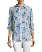 3/4-sleeve Button-front Printed Shirt, Blue