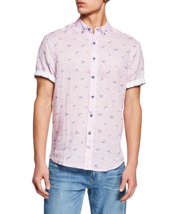 Men's Linen Bird-print Short-sleeve