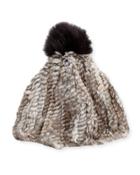 Rabbit & Fox Fur Pompom Hat, Gray Goma