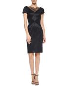 Short-sleeve Lace-detail Sheath Cocktail Dress