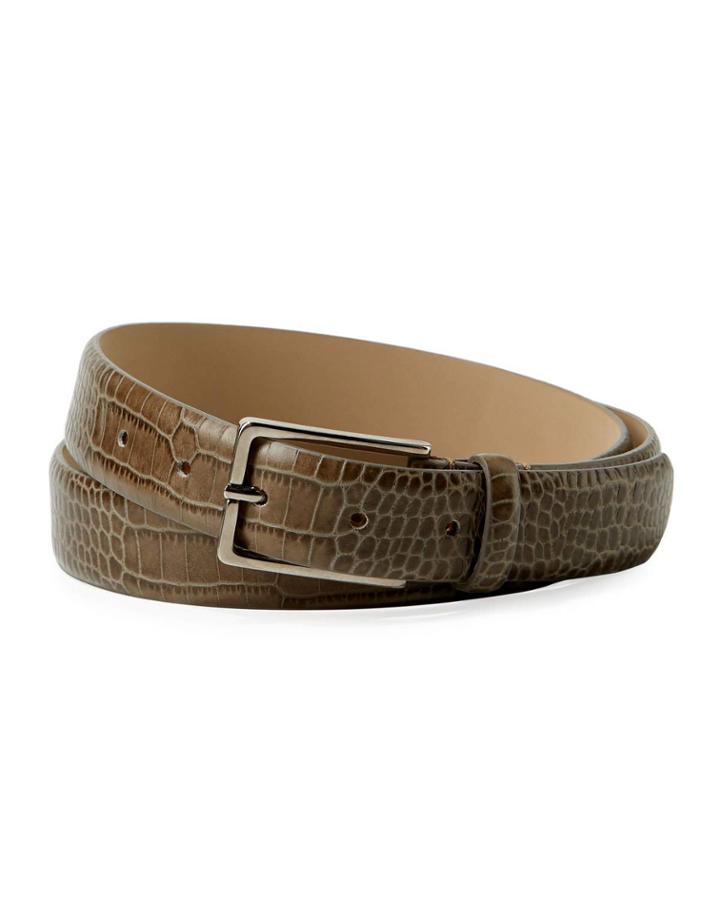 Men's Snakeskin-embossed Leather Belt, Brown
