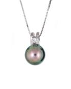 14k White Gold Pearl Necklace W/ Diamond In Slit Bale, Gray