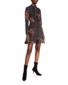 Oriental Flowers Tie-neck Long-sleeve Fit-and-flare Dress