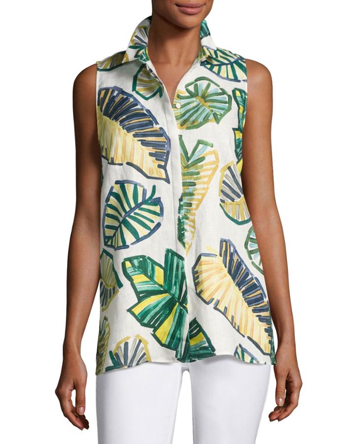 Justin Sleeveless Palm-print Linen Blouse,