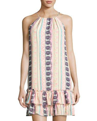 Leela Sleeveless Ruffled-hem Dress, White Pattern