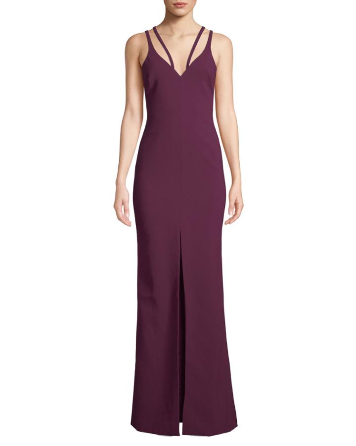 Leslie Strappy V-neck Front-slit Gown