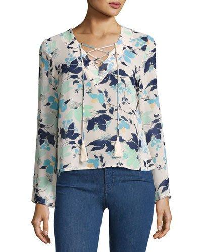 Long-sleeve Tasseled Lace-up Floral Top