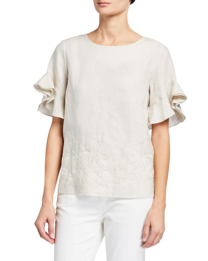 Embroidered Ruffle-sleeve Linen Zip Blouse