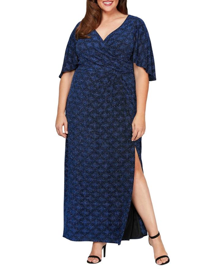 Plus Size Printed Metallic Knit Capelet-sleeve Dress
