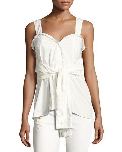Sleeveless Tie-front Sweetheart Poplin Top, White