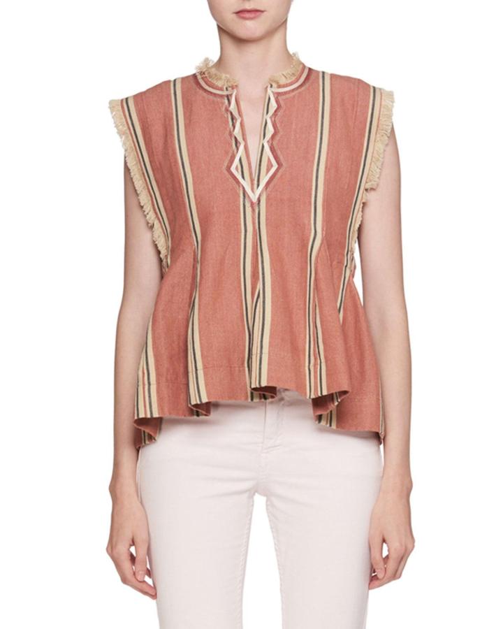 Drappy Sleeveless Striped Peplum Cotton Blouse