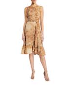 Floral-print Sleeveless Ruffle Belted Dress