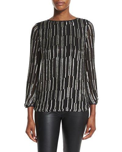 Evvy Sequined Tie-back Silk Blouse, Black/silver/black