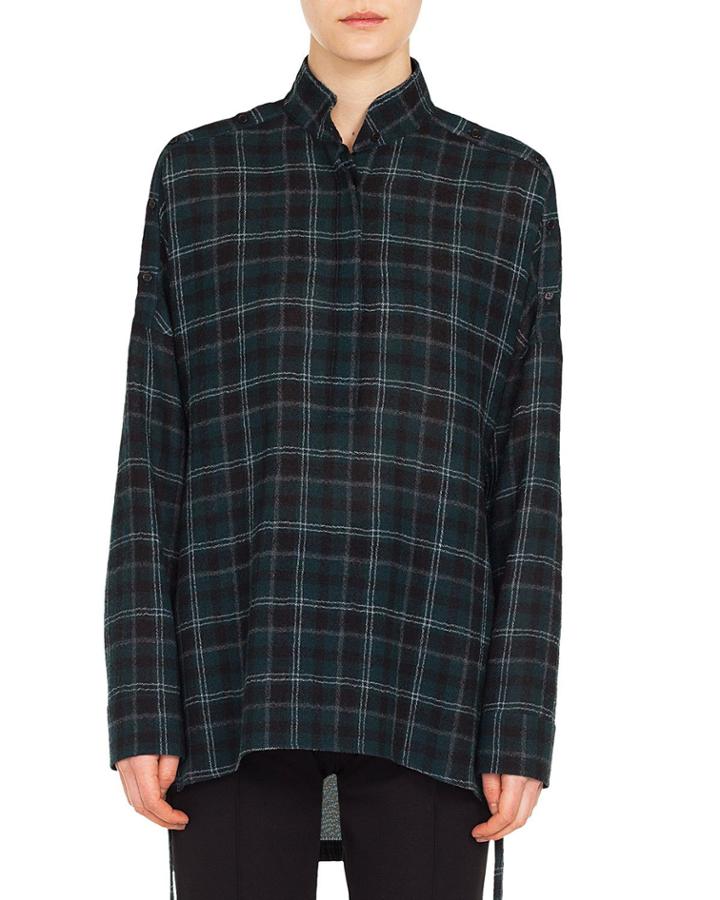 Button-front Long-sleeve Brit-check Wool Blouse