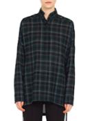 Button-front Long-sleeve Brit-check Wool Blouse