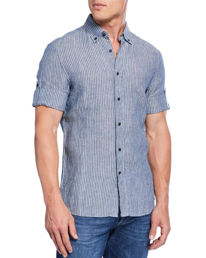 Men's Tab-sleeve Striped Linen Short-sleeve