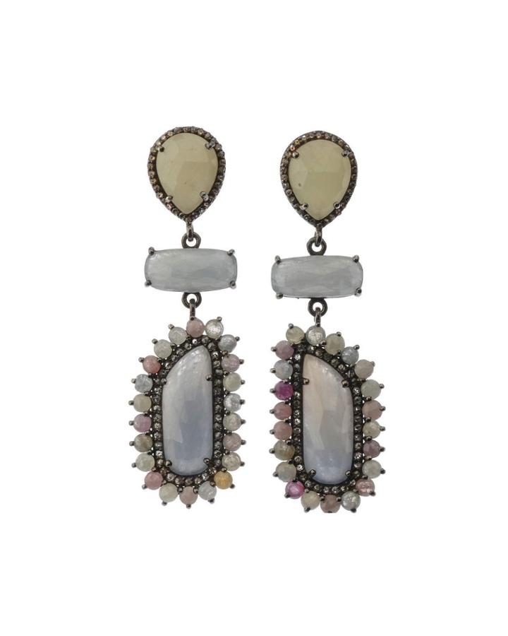 Silver 3-drop Earrings With Multicolor Sapphire & Diamonds