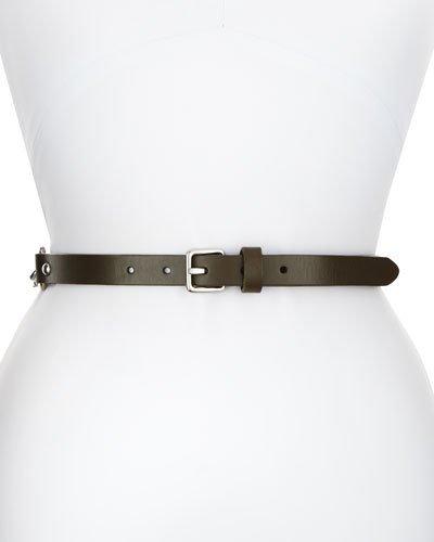 Thin Leather Flat Strap Waist Belt, Olive