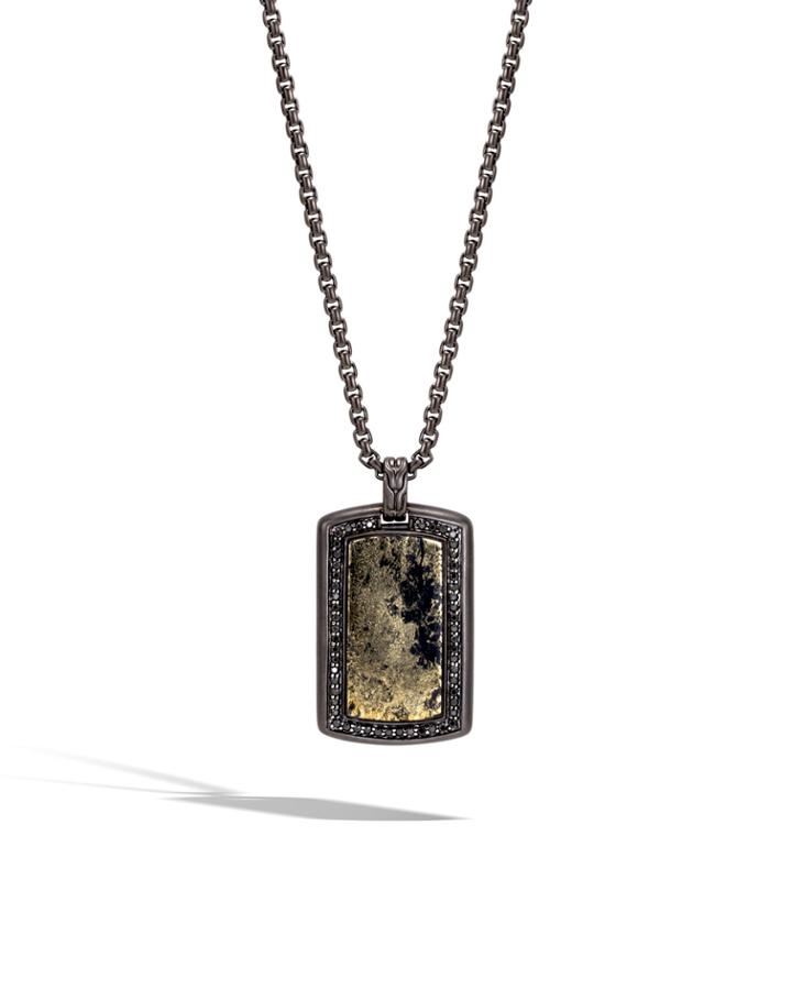 Men's Batu Classic Chain Silver Dog Tag Pendant With Pyrite