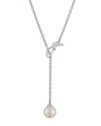 8mm Pearl Y-drop Necklace W/ Ribbon Accent, White