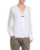 V-neck Sheer Long-sleeve Silk Chiffon Layered Blouse W/