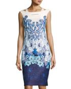 Floral-print Scuba Sheath Dress, Blue Pattern