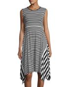 Sleeveless Striped Asymmetric Dress, Black/white