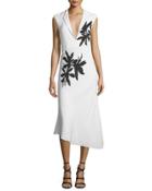 Sleeveless Floral-print Midi Dress, White/black