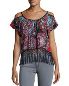 Paisley-print Cold-shoulder Top, Red/navy