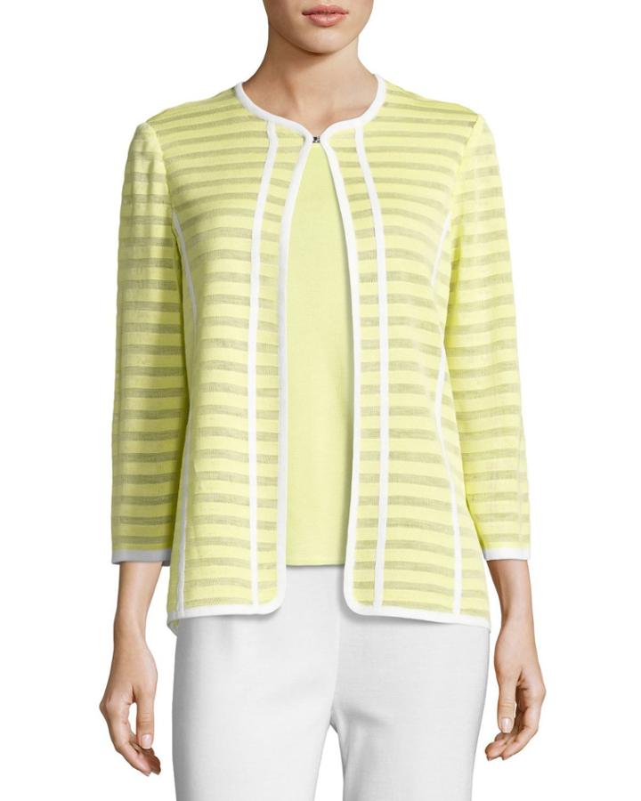 Striped Ribbon-trim Textured Jacket, Daiquiri Green,