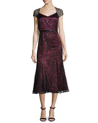 Beaded Embroidered Cap-sleeve Tea-length Dress, Wine