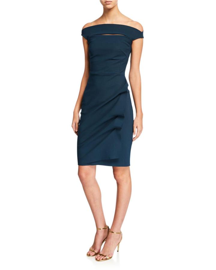 Off-the-shoulder Cap-sleeve Cocktail Dress W/ Front Cutout