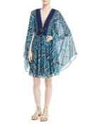 Lace-up Front Kimono Sleeves Short Silk Printed Caftan