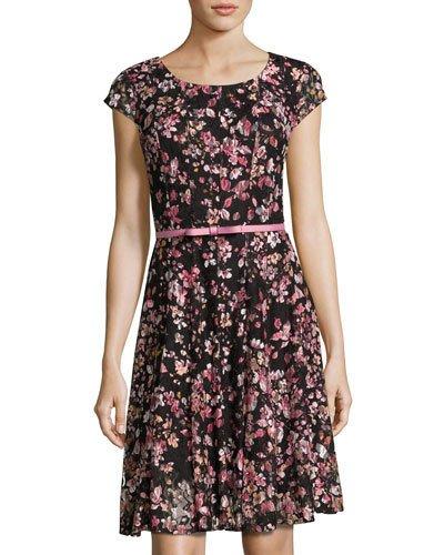 Paneled Lace Floral-print Cap-sleeve Dress, Black/pink
