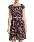 Paneled Lace Floral-print Cap-sleeve Dress, Black/pink