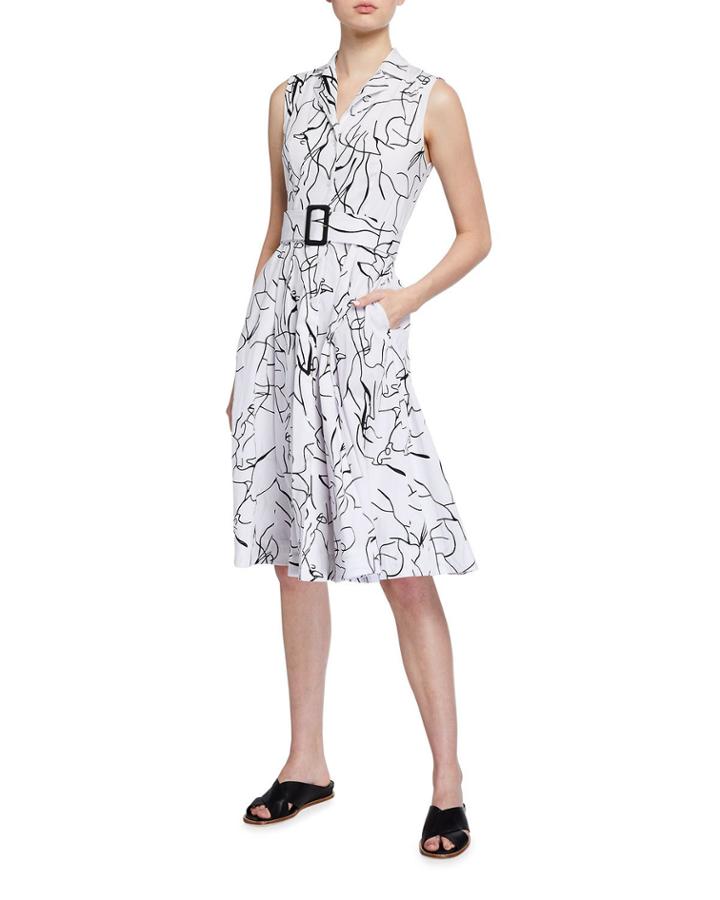 Printed Notch Collar Button Down Belted Dress