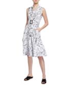Printed Notch Collar Button Down Belted Dress