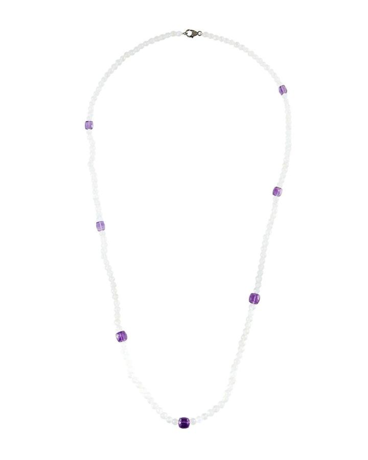 Long Rainbow Moonstone Bead Necklace With Amethyst
