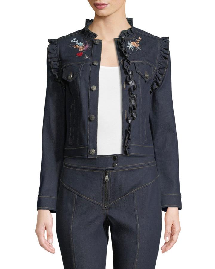 Lina Button-front Embroidered Denim Jacket