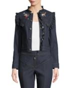 Lina Button-front Embroidered Denim Jacket