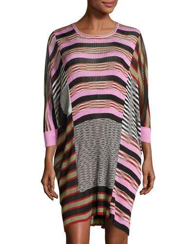 Mixed-knit 3/4-sleeve Dress,