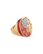 18k Rose Gold Flat Enamel Ring W/ Diamonds, Red,