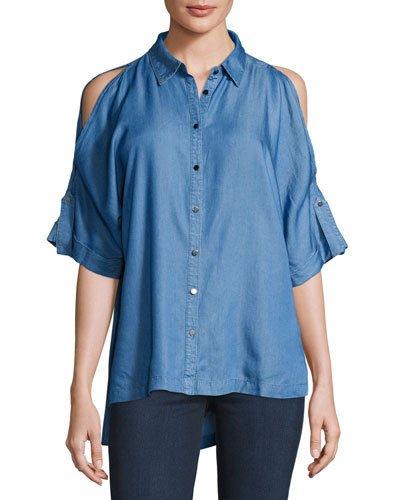 Cold-shoulder High-low Blouse, Blue