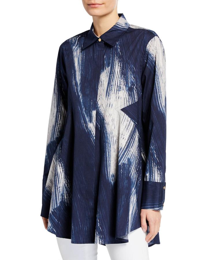 Long-sleeve Printed Button Thru Tunic