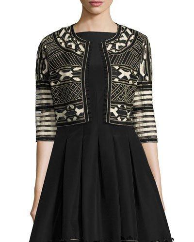 Ribbon-embroidered Cropped Jacket, Black/white