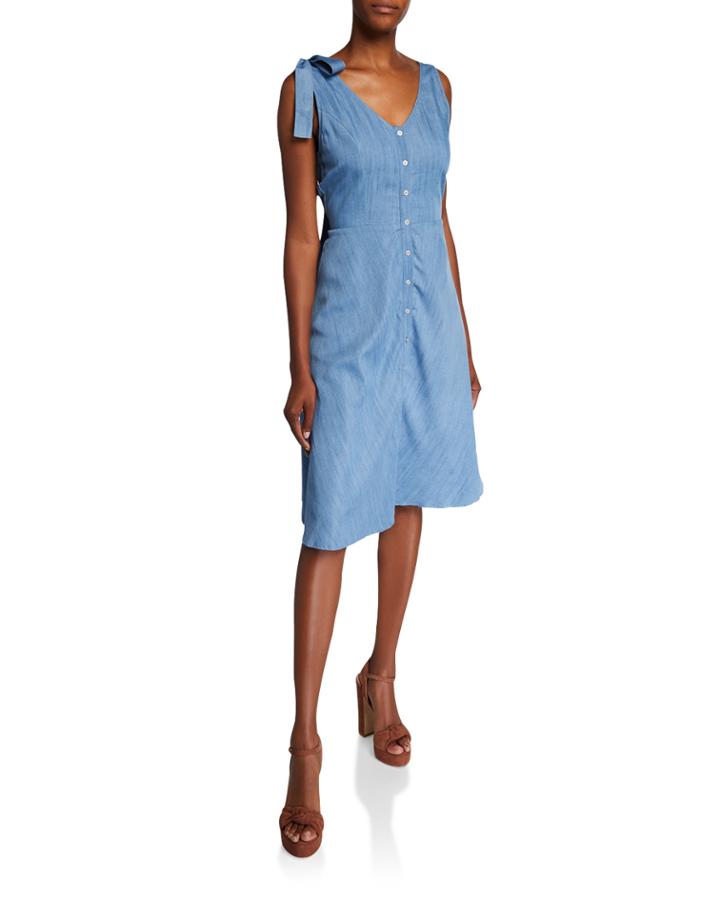 V-neck Sleeveless Tie-back Chambray Dress