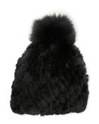 Knitted Rabbit Fur Beanie With Fox Fur Pompom