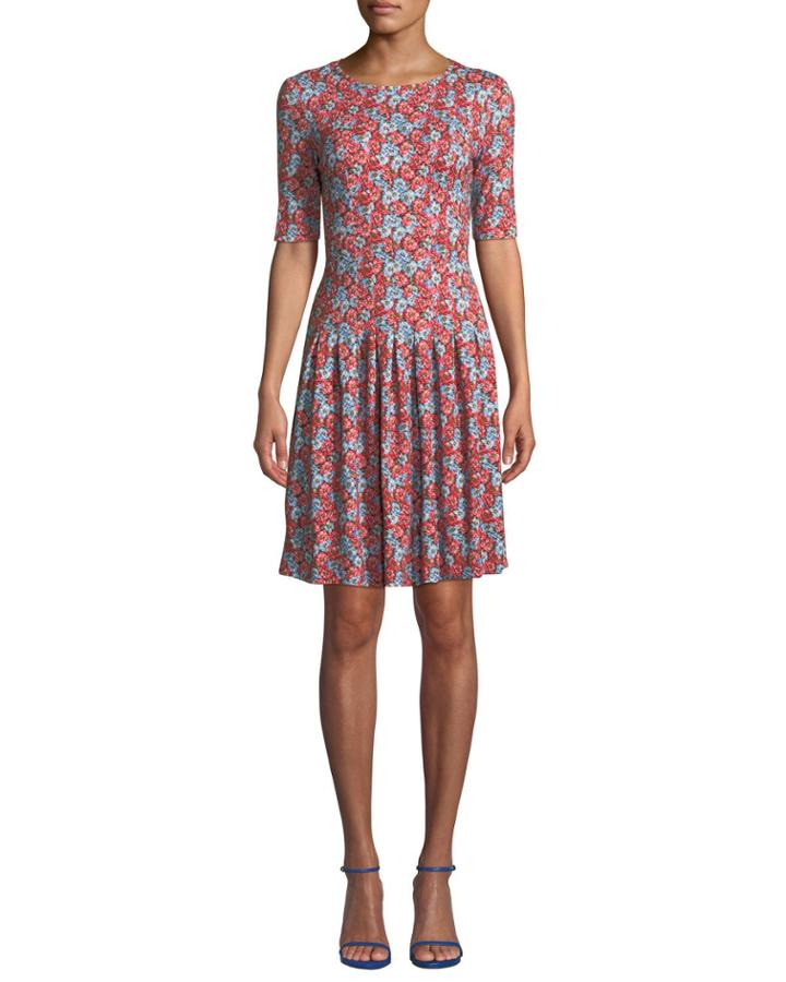 Elbow-sleeve Fit-and-flare Floral-print Jersey Dress