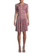Elbow-sleeve Fit-and-flare Floral-print Jersey Dress