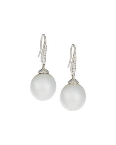 18k White South Sea Pearl & Pave Diamond Drop Earrings